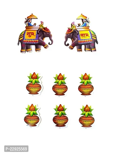 Wooden Elephant Subh Labh With Kalash Paper Wall Sticker Pack Of 8