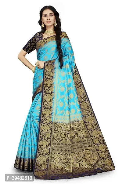Beautiful Blue Cotton Silk Jacquard Saree For Women