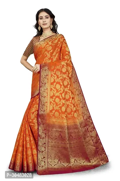 Beautiful Orange Cotton Silk Jacquard Saree For Women