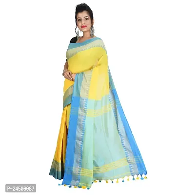 CHHANDA HANDLOOM SAREES Women's Jamdani Cotton Saree With Blouse Piece (CH 68_Yellow)-thumb0