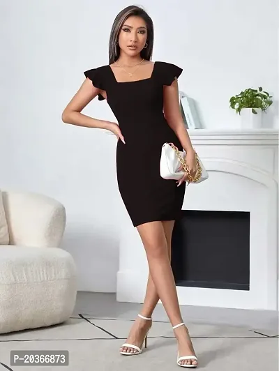 Brukinsa Women's Polyester Solid Square Neck Cap Sleeve Mini Lightweight Bodycon Western Dress (LI-1013)-thumb4