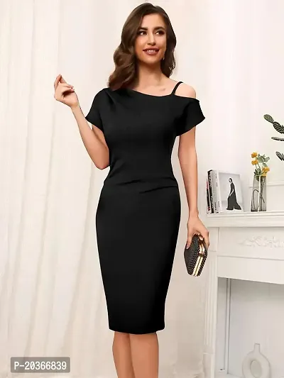 Brukinsa Women's Polyester Solid Off Shoulder Short Sleeve Knee Length Lightweight Bodycon Western Dress (LI-1007)-thumb4
