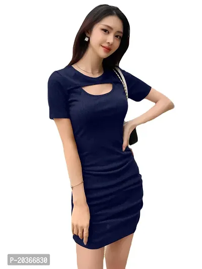 Brukinsa Women's Polyester Solid Keyhole Neck Short Sleeve Mini Lightweight Bodycon Western Dress (LI-1001)-thumb0