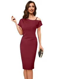 Brukinsa Women's Polyester Solid Off Shoulder Short Sleeve Knee Length Lightweight Bodycon Western Dress (LI-1007)-thumb4