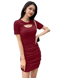 Brukinsa Women's Polyester Solid Keyhole Neck Short Sleeve Mini Lightweight Bodycon Western Dress (LI-1001)-thumb4