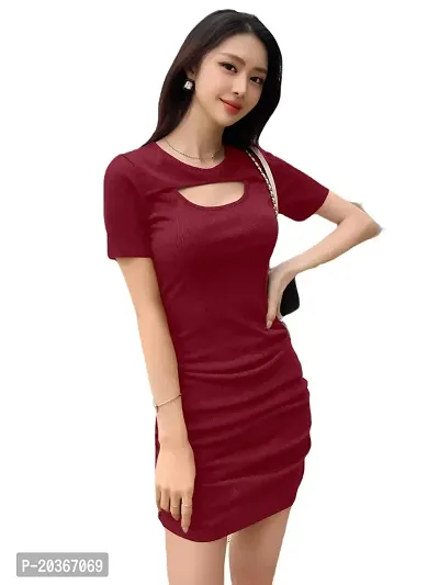 Brukinsa Women's Polyester Solid Keyhole Neck Short Sleeve Mini Lightweight Bodycon Western Dress (LI-1001)-thumb5