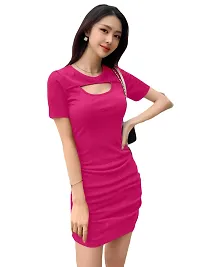 Brukinsa Women's Polyester Solid Keyhole Neck Short Sleeve Mini Lightweight Bodycon Western Dress (LI-1001)-thumb4