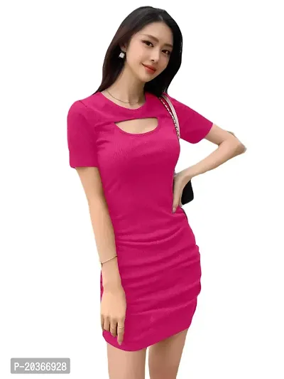 Brukinsa Women's Polyester Solid Keyhole Neck Short Sleeve Mini Lightweight Bodycon Western Dress (LI-1001)-thumb5