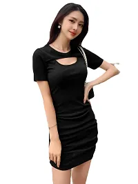 Brukinsa Women's Polyester Solid Keyhole Neck Short Sleeve Mini Lightweight Bodycon Western Dress (LI-1001)-thumb4