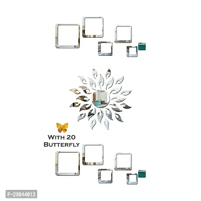 Classic Sun Flame 12 Square Silver With 20 Butterfly Golden Acrylic Mirror Wall Sticker|Mirror For Wall|Mirror Stickers For Wall|Wall Mirror|Flexible Mirror|3D Mirror Wall Stickers|Wall Sticker Cp-146-thumb2