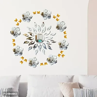 Classic Sun Flame 8 Flower Silver With 20 Butterfly Golden Acrylic Mirror Wall Sticker|Mirror For Wall|Mirror Stickers For Wall|Wall Mirror|Flexible Mirror|3D Mirror Wall Stickers|Wall Sticker Cp-197