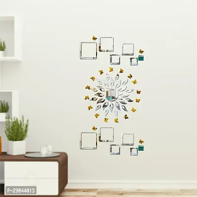 Classic Sun Flame 12 Square Silver With 20 Butterfly Golden Acrylic Mirror Wall Sticker|Mirror For Wall|Mirror Stickers For Wall|Wall Mirror|Flexible Mirror|3D Mirror Wall Stickers|Wall Sticker Cp-146