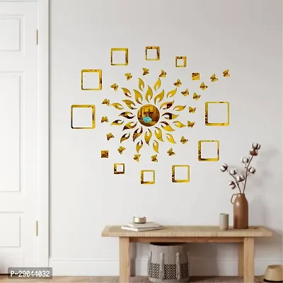 Classic Sun Flame 12 Square With 20 Butterfly Golden Acrylic Mirror Wall Sticker|Mirror For Wall|Mirror Stickers For Wall|Wall Mirror|Flexible Mirror|3D Mirror Wall Stickers|Wall Sticker Cp-165