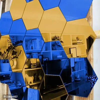 Classic Hexagon 10 Golden 10 Blue-Cp99 Acrylic Mirror Wall Sticker|Mirror For Wall|Mirror Stickers For Wall|Wall Mirror|Flexible Mirror|3D Mirror Wall Stickers|Wall Sticker Cp-625