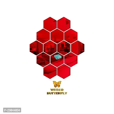 Classic 14 Hexagon Red With 10 Butterfly Golden Acrylic Mirror Wall Sticker|Mirror For Wall|Mirror Stickers For Wall|Wall Mirror|Flexible Mirror|3D Mirror Wall Stickers|Wall Sticker Cp-228-thumb2