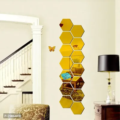 Classic 14 Hexagon With 10 Butterfly Golden Acrylic Mirror Wall Sticker|Mirror For Wall|Mirror Stickers For Wall|Wall Mirror|Flexible Mirror|3D Mirror Wall Stickers|Wall Sticker Cp-232