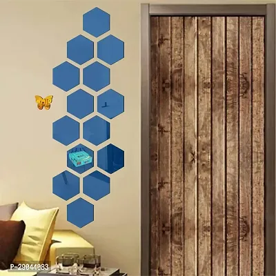 Classic 14 Hexagon Blue With 10 Butterfly Golden Acrylic Mirror Wall Sticker|Mirror For Wall|Mirror Stickers For Wall|Wall Mirror|Flexible Mirror|3D Mirror Wall Stickers|Wall Sticker Cp-217-thumb0