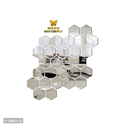 Classic 28 Hexagon Silver With 10 Butterfly Golden Acrylic Mirror Wall Sticker|Mirror For Wall|Mirror Stickers For Wall|Wall Mirror|Flexible Mirror|3D Mirror Wall Stickers|Wall Sticker Cp-270-thumb2