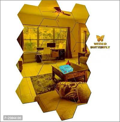 Classic 20 Hexagon With 10 Butterfly Golden Acrylic Mirror Wall Sticker|Mirror For Wall|Mirror Stickers For Wall|Wall Mirror|Flexible Mirror|3D Mirror Wall Stickers|Wall Sticker Cp-240-thumb2