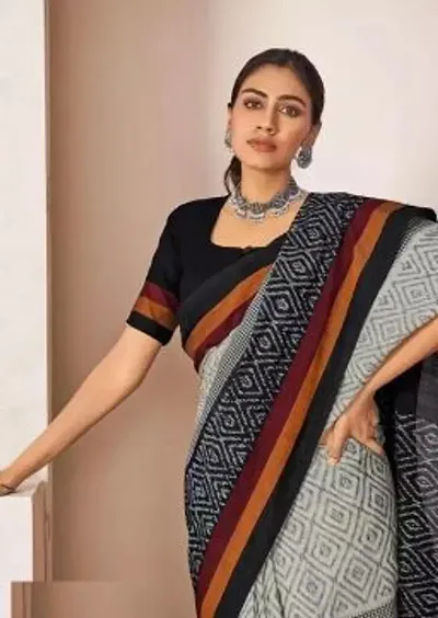 On Trend Cotton Printed Ikat Sarees With Blouse Piece