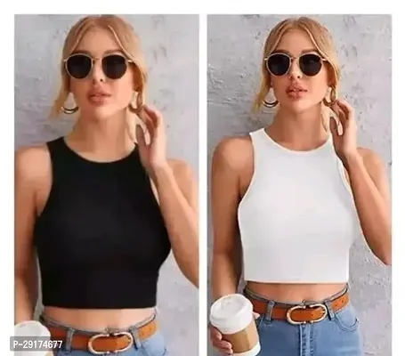 Classic Cotton Blend Solid Crop Top for Women, Pack of 2-thumb0