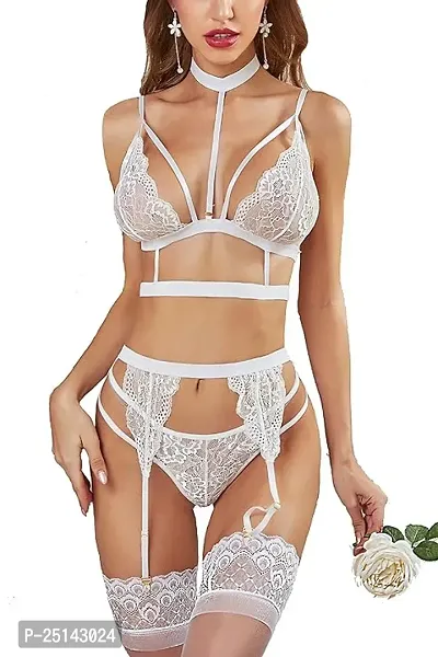 Women Bra Panty Linegrie Set with Garter Belt and Leg Strip for Women Honeymoon Special Night Occasion Valentines