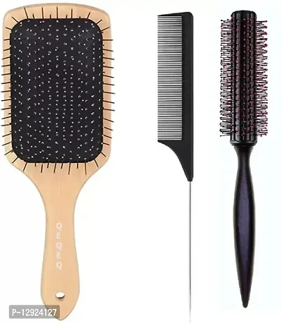 profession comb set 1 bamboo brush + 1 round brush + 1 tail comb for hair styling-thumb0