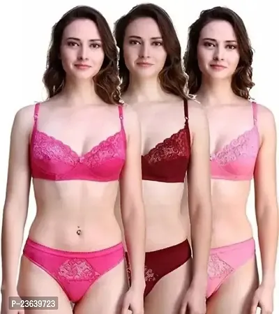 Stylish Fancy Cotton Bras And Panty Set For Women Pack Of 3-thumb0