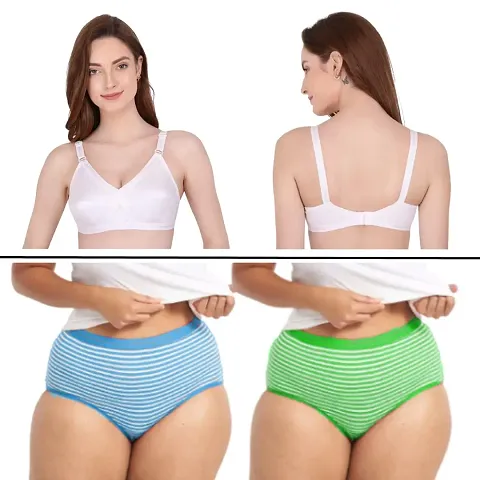 Vesy Women Bra Panty Set Solid Colors Cotton Line Pattern Full Coverage Plus Size Multicolor Lingerie Set (Pack of 2) (D, Green Blue, 50)