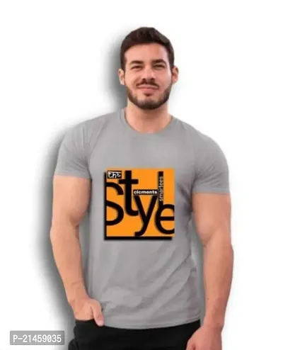Classic Grey Polyester Printed Round Neck Tees For Men