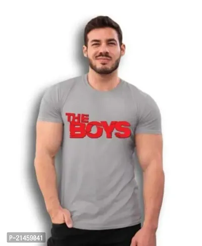 Classic Grey Polyester Printed Round Neck Tees For Men