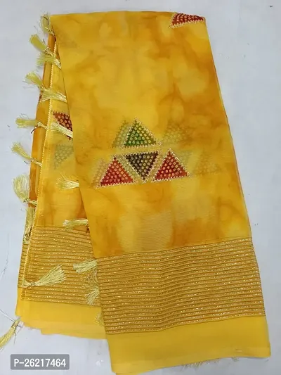 Yellow chiffon print saree with blouse and zari butta for women-thumb0