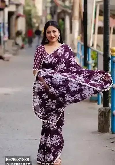 Stylish Chiffon Purple Printed Saree with Blouse piece For Women-thumb0