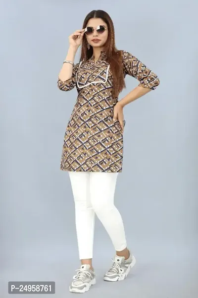 SEEWAN SUTRA Short Kurti Beige Lace Border Cotton Kurta | NVYACTN27S_P