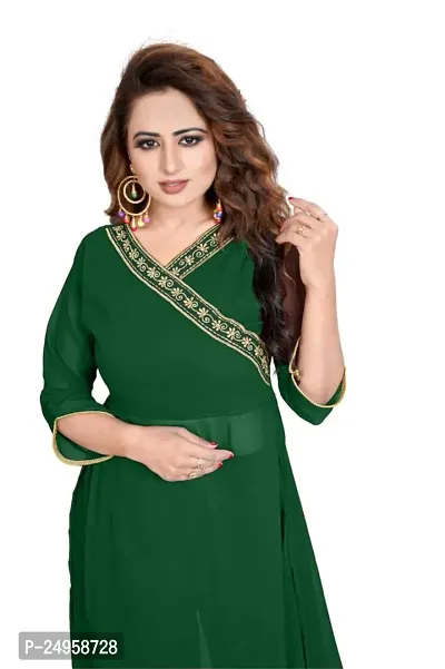 Seewan Sutra Women Long Sleeve V-Neck Solid Printed Georgette Kurti Having Plazo of Georgette Material-thumb5