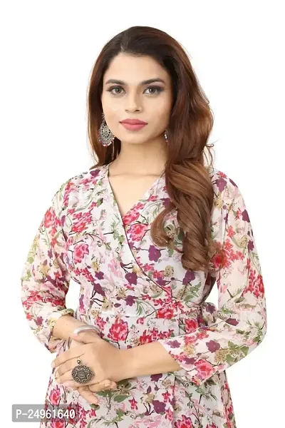 Seewan Sutra Women Three-Quarter Sleeves V Neck Neck Floral Printed Georgette Kurti with Inner-thumb5