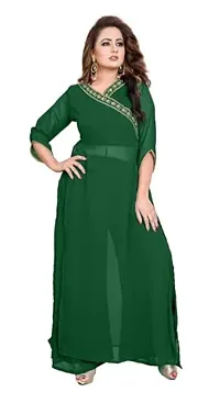 Seewan Sutra Women Long Sleeve V-Neck Solid Printed Georgette Kurti Having Plazo of Georgette Material-thumb1