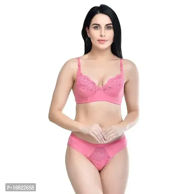 PRYS Women's Cotton Bra Panty Set for Lingerie Set Bra Panty Set Bra Panty Set for Women(Pink)-thumb0