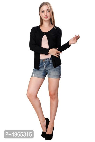 Alluring Black Cotton Solid Straight Shrug For Women-thumb5