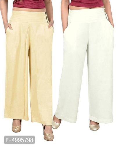 Stylish Solid Rayon Zip Closure Relaxed Palazzo - Combo (Pack Of 2) - Off White  Beige-thumb0