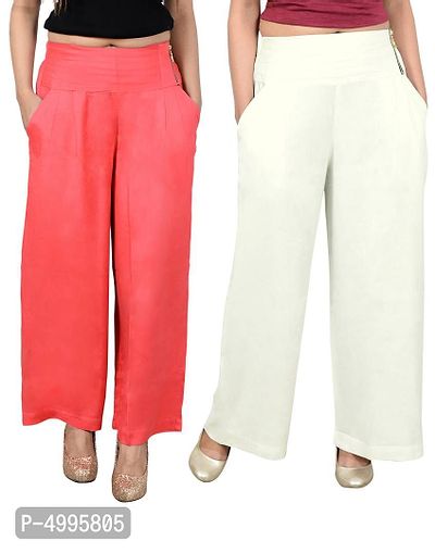 Stylish Solid Rayon Zip Closure Relaxed Palazzo - Combo (Pack Of 2) - Carrot  Off White-thumb0