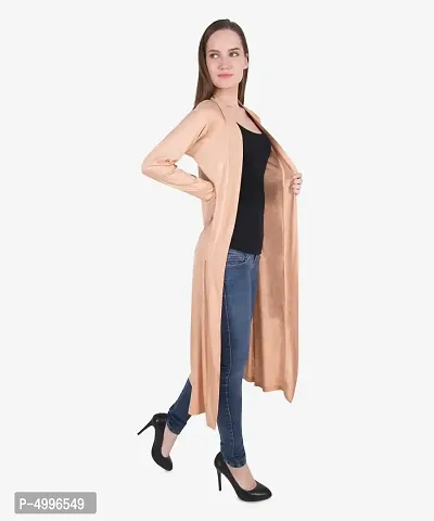 Stylish Viscose Beige Full Sleeve Solid Viscose Long Length Shrug For Women-thumb3