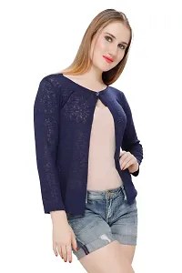 Stylish Cotton Blend Navy Blue Full Sleeve Solid Blended Hip Length Navy Blue One Button Shrug For Women-thumb2