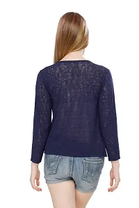 Stylish Cotton Blend Navy Blue Full Sleeve Solid Blended Hip Length Navy Blue One Button Shrug For Women-thumb1