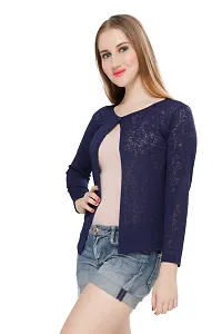 Stylish Cotton Blend Navy Blue Full Sleeve Solid Blended Hip Length Navy Blue One Button Shrug For Women-thumb3