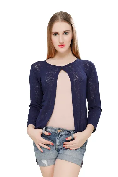 Stylish Blend Full Sleeve Solid Blended Hip Length One Button Shrug For Women