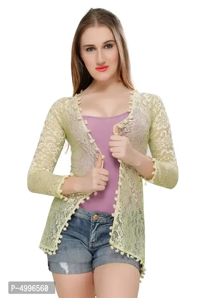 Stylish Net Yellow Full Sleeve High Low Beige Shrug For Women