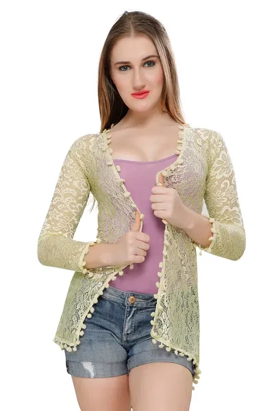 Stylish Net Full Sleeve High Low Shrug For Women