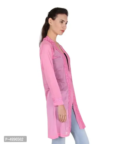 Stylish Net Pink Full Sleeve Thigh Length Pink Shrug For Women-thumb3