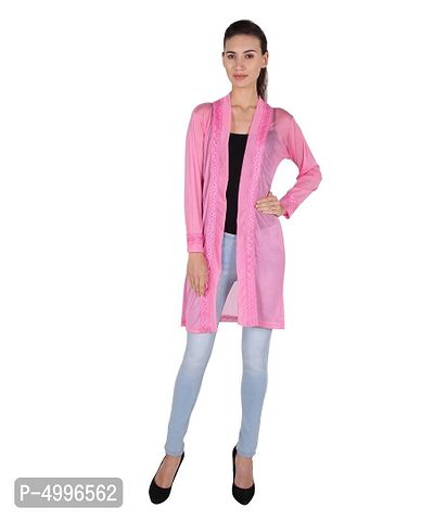 Stylish Net Pink Full Sleeve Thigh Length Pink Shrug For Women-thumb5